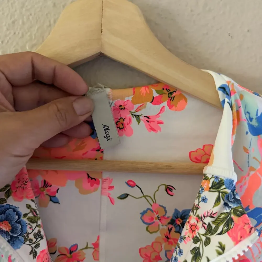 Maaji Floral Long-Sleeve One-Piece Swimsuit in Peach, Blue & White